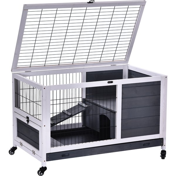 PawHut Rabbits Indoor Fir Wood Lift-Top Hutch Grey | Aosom Ireland