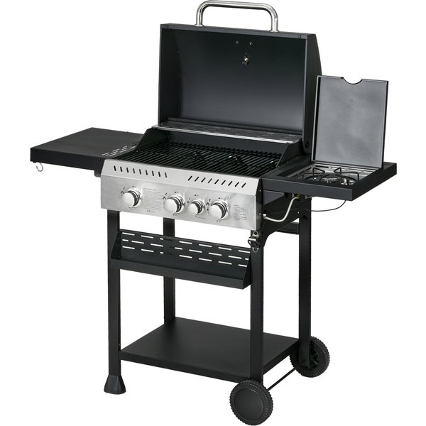 Outsunny Galvanised Steel 3+1 Gas Burner BBQ Grill Trolley, Black | Aosom Ireland