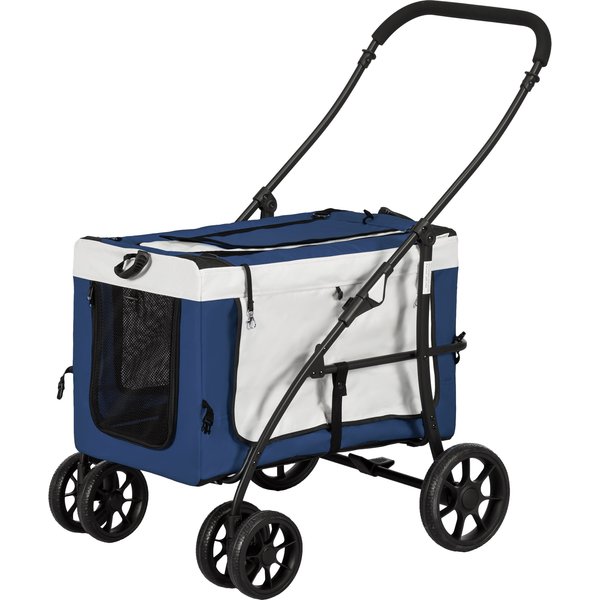 PawHut 2 in 1 Hundebuggy, Haustierwagen, Hundetrolley mit abnehmbarem Korb, 2 Sicherheitsleinen, klappbar, für kleine/Miniaturhunde, Blau Aosom