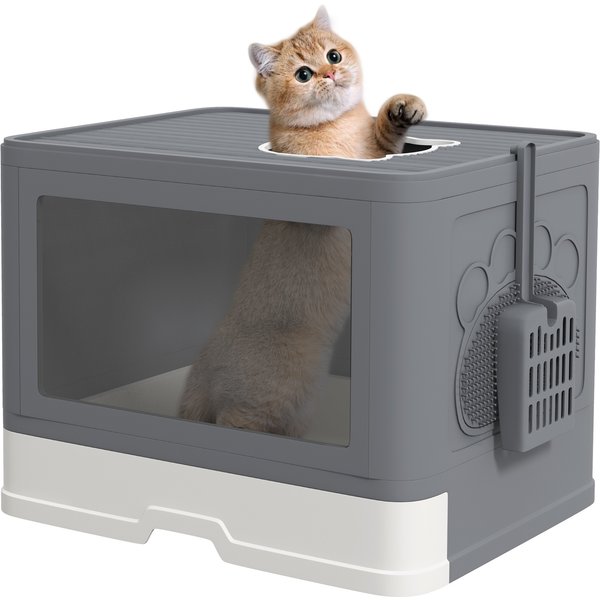 PawHut Enclosed Cat Litter Box: Front/Top Entry, Drawer Tray & Accessories, Grey | Aosom Ireland