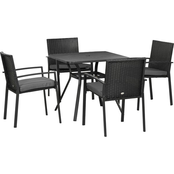 Outsunny 4 Seater Rattan Garden Furniture Set 5 Pieces Outdoor Dining Set with Cushions, Umbrella Hole - Black | Aosom Ireland