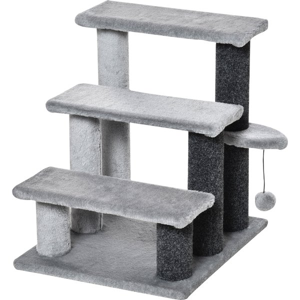 PawHut Katzentreppe Haustiertreppe Hundetreppe 3 Stufen mit Spielball Plüsch Grau 45x40x48cm für Katzen und Hunde Aosom.de