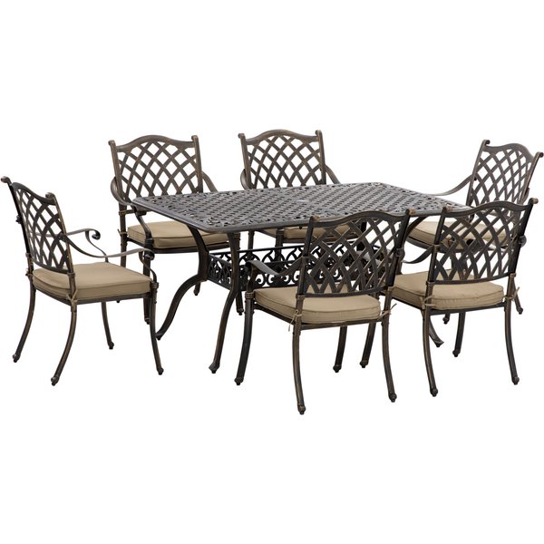Outsunny 7 PCs Garden Patio Dining Set - Includes Cast Aluminium Outdoor Furniture with Parasol Hole, Six Cushioned Chairs, and Rectangle Dining Table for Garden, Lawn, Deck in Bronze Tone | Aosom Ireland