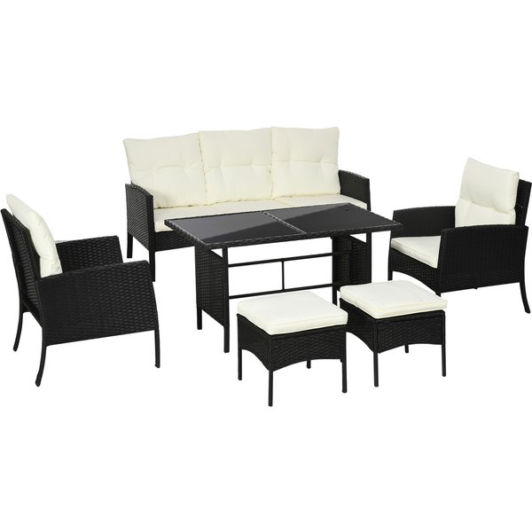 Outsunny 5 Seater Rattan Garden Furniture Set with Sofa Armchairs Footstools Glass Table Black Cushions | Aosom Ireland