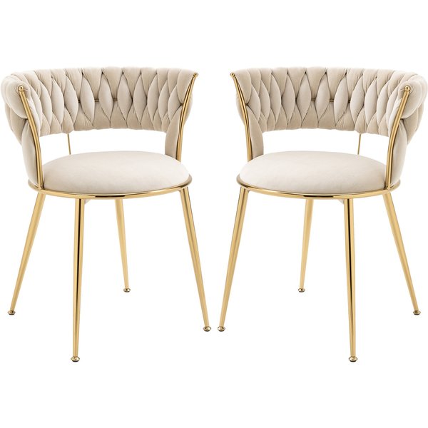 Ensemble De 2 Chaises De Salle à Manger En Velours, Avec Un Dossier Tressé Et Des Pieds En MéTal, Pour Le Salon, La Salle à Manger, La Cuisine, Blanc-image
