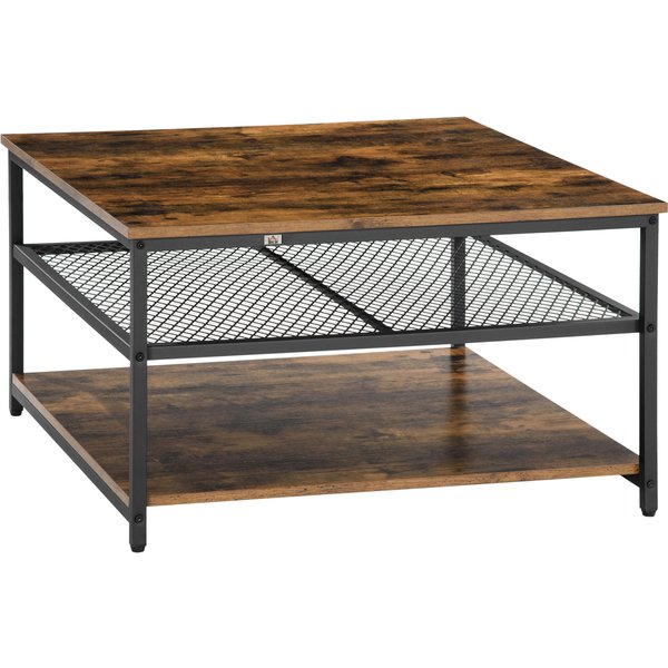 HOMCOM Industrial Coffee Table: Square Cocktail Table with 3-Tier Shelves, Rustic Brown for Living Room | Aosom Ireland