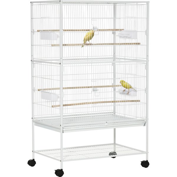 PawHut Large Aviary Bird Cage for Canaries, Budgies with Rolling Stand, Slide-out Cleaning Tray, Perch, Food Containers, White | Aosom Ireland