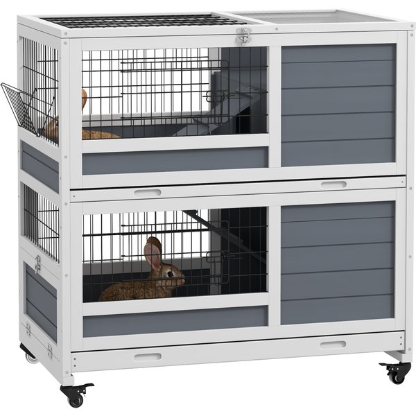 PawHut Double Deckers Guinea Pig Cage Rabbit Hutch Indoor with Feeding Trough, Trays, Ramps, Openable Top - Grey | Aosom Ireland