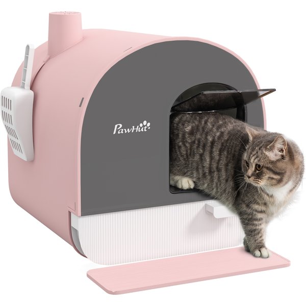 PawHut Hooded Cat Litter Box, Kitten Litter Tray, with Lid, Scoop, Filter, Flap Door, Pink | Aosom Ireland