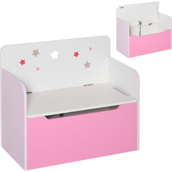 HOMCOM Kids Wooden Toy Storage Chest Chair 2 in 1 Design with Gas Stay Bar Safety Hinges Lid 60 x 30 x 50cm Pink | Aosom Ireland