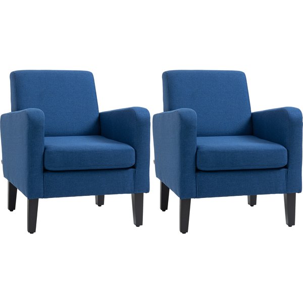 HOMCOM 2 Pieces Modern Armchairs with Rubber Wood Legs, Upholstered Accent Chairs, Single Sofa for Living Room, Bedroom, Blue
