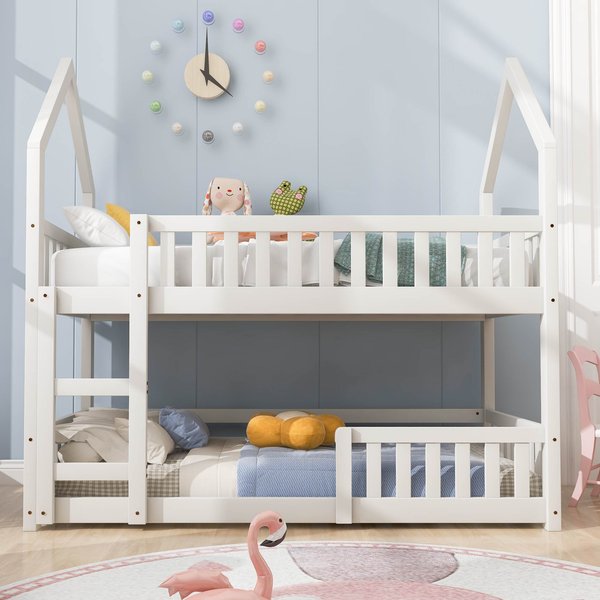 Castle-Shaped Bunk Bed with Ladder, Solid Wood Frame with Full-length Guardrail,EN 747-1 Certified, for Children Kids,195x98x192 cm, White Aosom UK