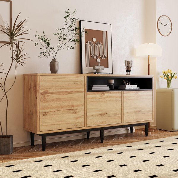 CréDence Moderne En Bois Avec Trois Portes Et éTagèRes, Design Gain De Place, 160X35X76 Cm, Bois Naturel-image