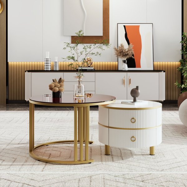 Table Basse Table De Salon Table Gigogne 2-En-1 En Mdf Avec Plateaux Table Basse Verre Trempé Et 2 Tiroirs Pour Salon, Blanc Aosom France-image