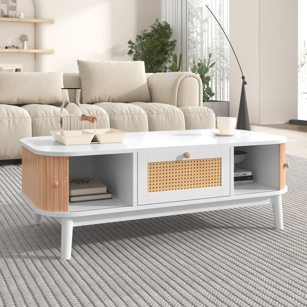 Table Basse En Rotin Table De Salon Table Basse Blanc Avec Tiroirs Et Portes De Style Rustique Naturel En Solde, Blanc Aosom France-image