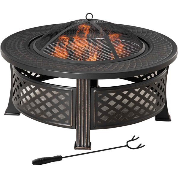 Outsunny Feuerschale Schürhaken Funkenschutz Feuerkorb Feuertisch rund Feuerstelle Garten Camping BBQ Stahl Schwarz 81x81x50cm Aosom