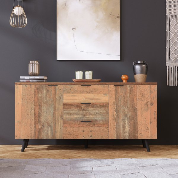 Buffet Vintage Scandinave CréDence Cuisine Bois Avec 3 Tiroirs Et ÉTagèRes RéGlables Pour Salon Et Salle à Manger, Brun Antique Aosom France-image