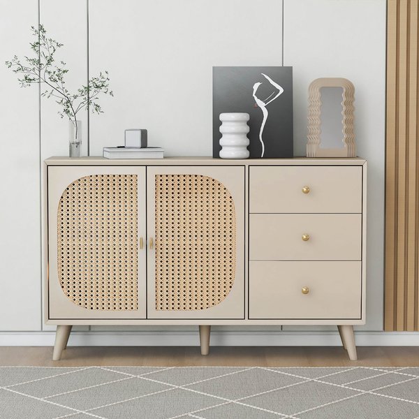 Buffet Bas Moderne Pour Salon Buffet Pour Cuisine Buffet Rotin Avec 2 Portes Et 3 Tiroirs, Polyvalent Et Spacieux, Blanc Aosom France-image