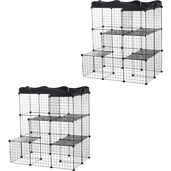 PawHut Lot De 2 Cages Parc Enclos Pour Petits Animaux Chats Visons Modulable 3 Niveaux 2 Portes Rampe Fil MéTallique Noir-image