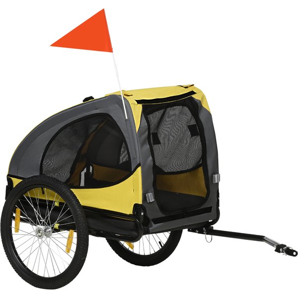 PawHut Anhänger Hund, Belastbarkeit 20kg, für mittelgroße Hunde, mit Netzfenstern Plane Sicherheitsleine, 140x71x83cm, Oxfordstoff, Gelb Aosom