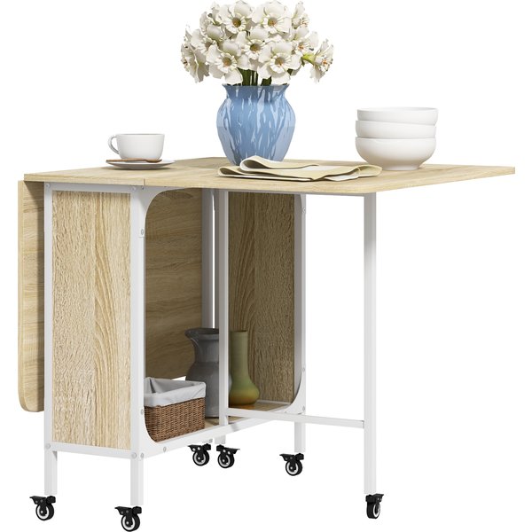 HOMCOM Folding Kitchen Table w/ 6 Wheels and Storage Shelf, Mobile Drop Leaf Dining Table for Small Spaces, Folding Wood Tables, Natural | Aosom Ireland
