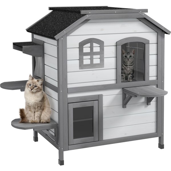 PawHut 2-Storey Indoor or Outdoor Wooden Cat Enclosure Kitty Shelter with Escape Door, Openable Weatherproof & Waterproof Roof, White | Aosom Ireland