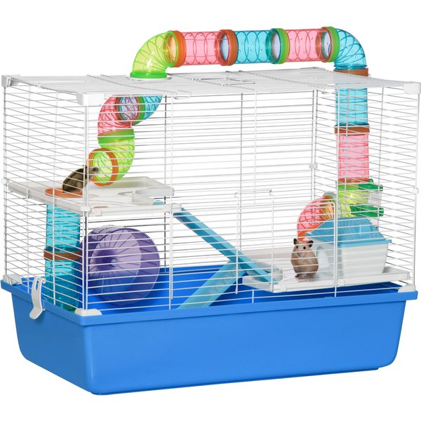 PawHut 3 Levels Hamster Cage with Tubes Tunnel, Rodent Small Animal House with Exercise Wheel, Water Bottle, Food Dish, Ramp, 59 x 36 x 47 cm | Aosom Ireland