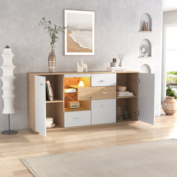 Sideboard weiß mit LED-Beleuchtung 160 cm Holzoptik und Weiß 2 Türen 4 Schubladen Glasablage Wohnzimmermöbel Aosom.de