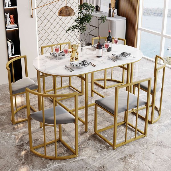 Modern Dining Table and 6 Chairs with Backrests and Upholstery, Dining Table Set with Marble Pattern, Gold Iron Frame, 140x80x76 cm, Gold Aosom UK