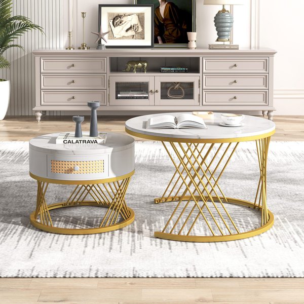 Couchtisch, Marmormuster 70cm Runder Platzsparender 2-in-1 Weiß mit Kunststoff-Rattan-Schubladen Massivholzgriffen vergoldeten Eisenfüßen Aosom.de