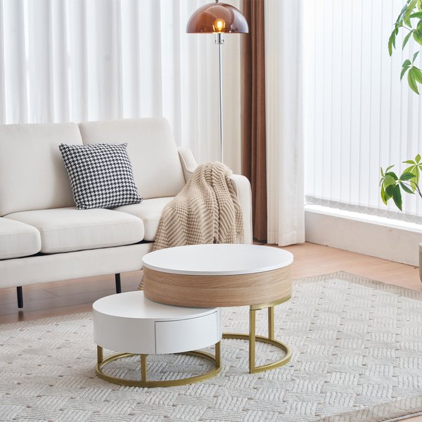 Couchtisch Set höhenverstellbarer Couchtisch mit Schubladen 2-teiliges Set weiße 70x70 Couchtisch vergoldeter Satztisch Kombination Aosom.de