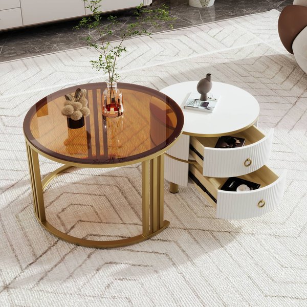 Couchtisch rund, 2er Set Runder Couchtisch mit Schubladen, Platzsparendes Rundes Sofa Tisch 70x70cm 50x50cm, leicht zu bewegen, Weiß Braun Aosom.de