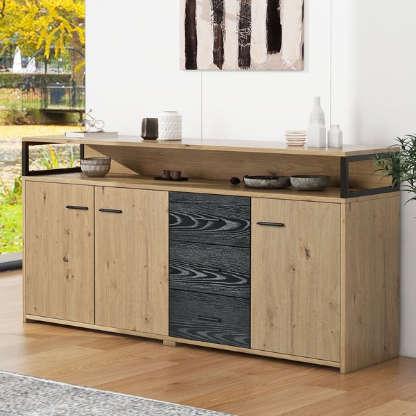 CréDence Cuisine Buffet Multifonctionnelle Avec 3 Portes Et 3 Tiroirs, PoignéEs En MéTal, Mobilier De Cuisine, 150X35X75,9 Cm, Marron Noir Aosom France-image