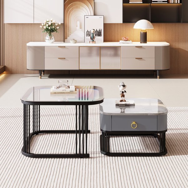 Ensemble De 2 Tables Basses Gigognes Avec Plateau En Marbre Brillant Et Verre, Structure En MéTal Et Tiroirs, 60X60X42 Cm + 50X50X34 Cm, Noir-image