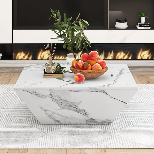 Table Basse Blanche, Table De Salon Moderne, TrapéZoïDale En MDF Avec Finition Marbre, 2 Tiroirs, Design Unique Et Stable, 70X70X37 Cm Aosom France-image