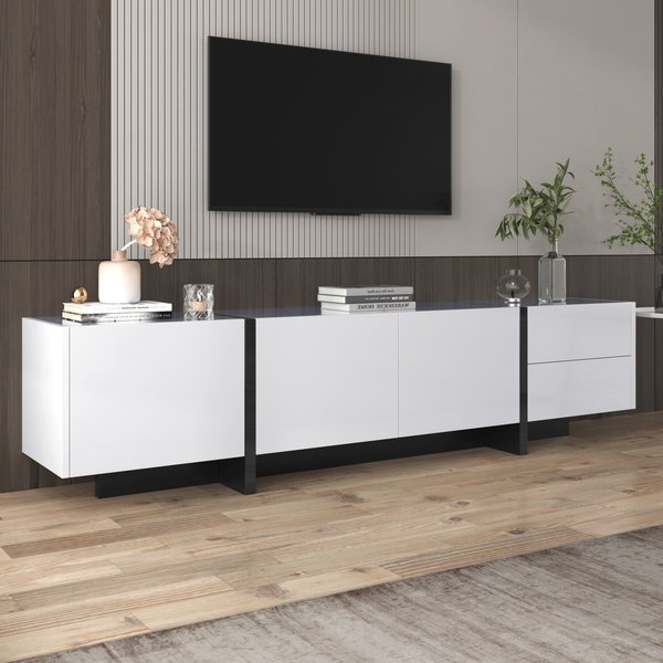 TV Schrank weiß, 190x35x45cm TV-Schrank Schwarz Weiß Design, mit Regalen und Schubladen, Hochglanz, modernes Design, Weiß und Schwarz Aosom.de