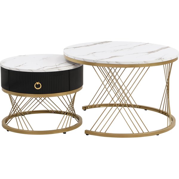 Table Basse Ronde Tables Basses Gigognes Table De Salon Modulables En Marbre SynthéTique Avec Tiroirs, 70X70X45Cm Et 50X50X40Cm, Blanc Aosom France-image
