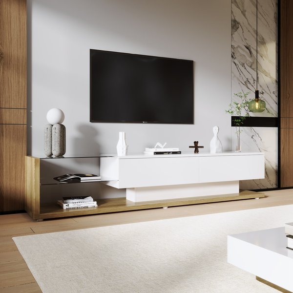 TV-Schrank 170cm Hochglanz Glasböden mit LED-Beleuchtung Modernes Landhausstil Weiß stabil geräumig für Fernseher bis 170cm stilvolles Aosom.de