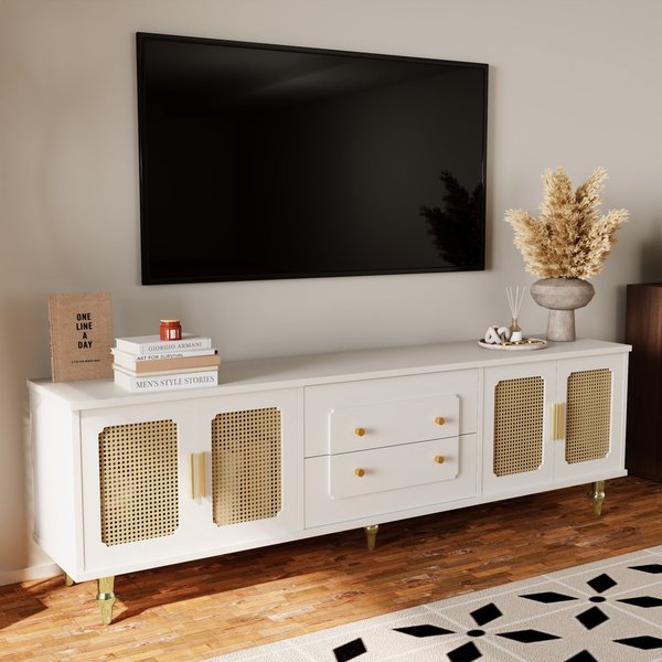 Meuble Tv RéTro Avec PoignéEs DoréEs, Portes En Rotin Et Pieds En MéTal, Grand Espace De Rangement, 175X38X55,5 Cm, Blanc-image