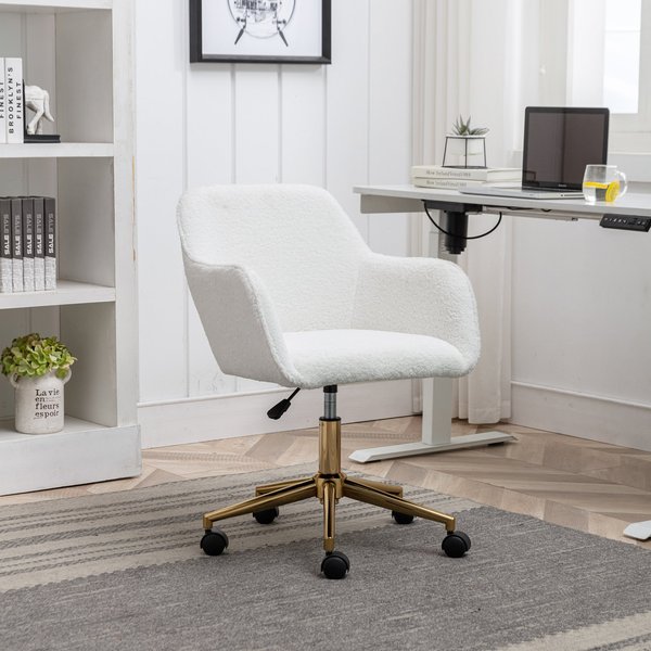Boucle Teddy Swivel Office Chair, Adjustable Height, Ergonomic Back, Gold Legs, Vanity/Desk Chair with Arms, 58x58x86 cm, White Aosom UK
