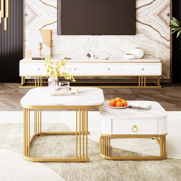 Set of 2 Modern Square Coffee Table with High-Gloss Tabletops, Marble Side Table for Living Room, Bedroom, 60x60x42 cm+50x50x33.5 cm, White Aosom.UK