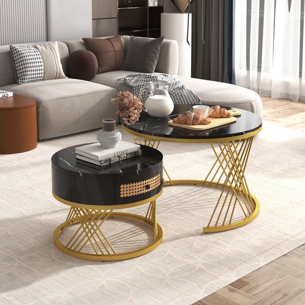 2-in-1 Nesting Coffee Table with Marble Grain Veneer Top and Rattan Drawers, Coffee Table for Sitting Room, 70x70x45.5 cm, Black+Gold Aosom.UK