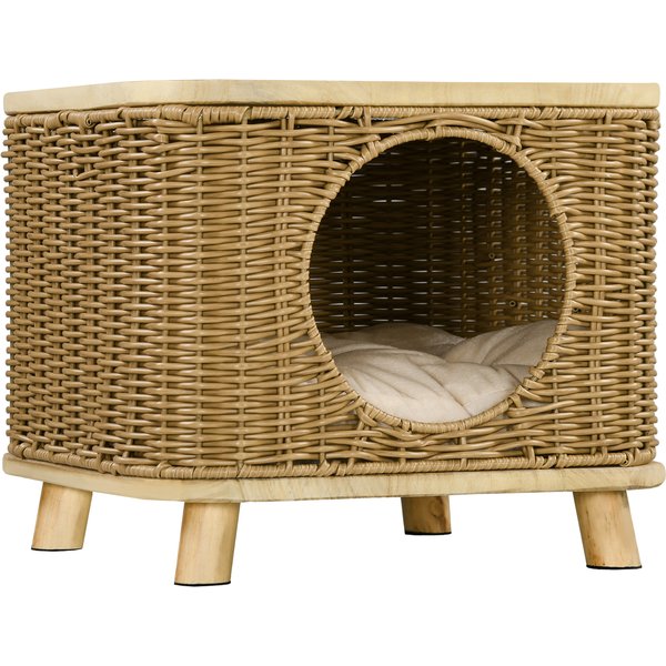 PawHut Elevated Design Wicker Cat House with Washable Cushion, Light Brown | Aosom Ireland