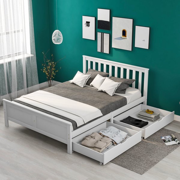 Elegant Solid Pine Double Bed Frame with Storage Drawers, Headboard, Footboard, Wooden Single Bed Base for Adults, Kids, 196x146x82 cm, White Aosom UK