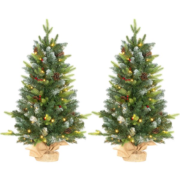 HOMCOM 2 Pieces 3ft Small Christmas Tree With Lights and 291 Tips, Concrete Base, Tabletop Xmas Tree w/ Pine Cones and Red Berries, Green | Aosom Ireland