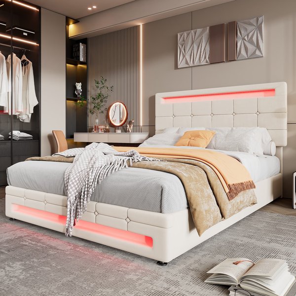 Hydraulic Lift Double Bed Frame with Storage, LED Light, Iron Frame, Upholstered Velvet Fabric Bed with Wood Slats, 199x150x123 cm, Beige Aosom.UK