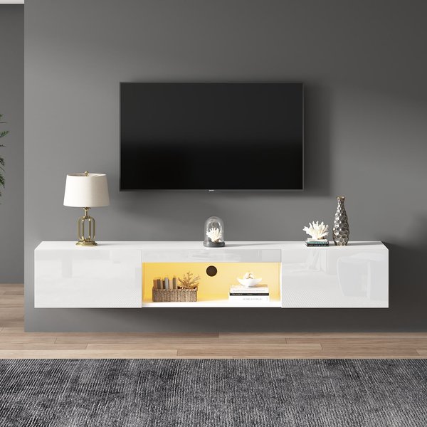 TV Schrank Weiß, Hochglanz-Wandschrank 70 Zoll, LED-Beleuchtung, Bluetooth-APP-Steuerung, 160x31x22cm, 30kg Tragfähig Aosom.de