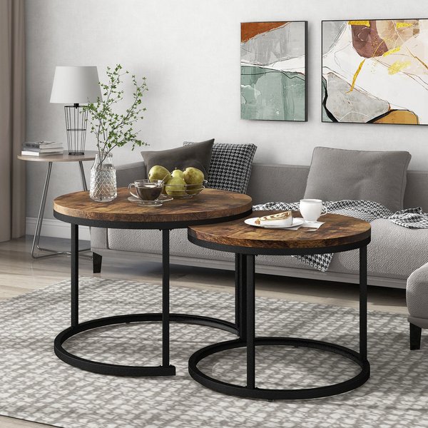 Couchtisch rund 2er set, Kleine Runder Couchtisch MDF-Tischplatte Elegantes Design für Wohnzimmer Familie und Freunde Braun Aosom.de