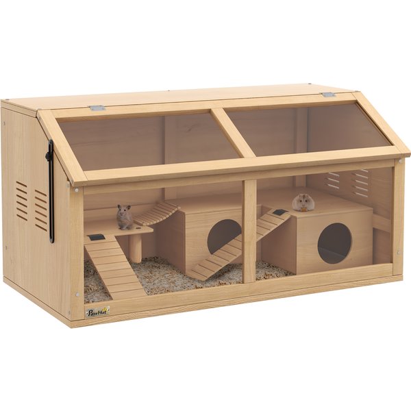 PawHut Hamster Cage, Wooden Small Animal Cage for Gerbils, Mice w/ Suspension Bridge, Openable Top, Hut, 85 x 45 x 44cm Nature | Aosom Ireland