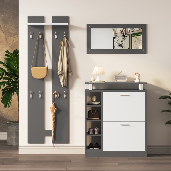 Garderoben Set Wandgarderobe mit Spiegel und Regal, 80x25x96.5 cm, für kleine Räume, Weiß+Grau Aosom.de